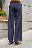 Kadın Hafif Esnek Kumaş Yüksek Bel Yan Cepli Bol Paça Palazzo Pantolon-Lacivert