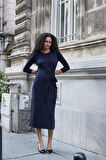 Kadın Esnek Modal Scuba Kumaş Geniş Sıfır Yaka Önden Bağlamalı Truvakar Kol Diz Altı Uzun Elbise-Lacivert 