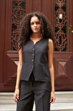 Kadın  Flato Cepli Düğmeli Hafif Esnek Kumaş Yelek-Siyah 