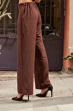 Kadın Süet Dokulu Kumaş Yüksek Bel Yan Cepli Beli Lastikli Bol Paça Palazzo Pantolon-Kahve