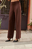 Kadın Süet Dokulu Kumaş Yüksek Bel Yan Cepli Beli Lastikli Bol Paça Palazzo Pantolon-Kahve