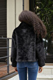 Kadın Kalın Kürk İç Kısmı Deri Astarlı Kaban-Siyah