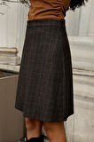 Yüksek Bel Hafif Likralı Kumaş Diz Boy Çan Etek-Kahve Ekose 