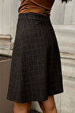 Yüksek Bel Hafif Likralı Kumaş Diz Boy Çan Etek-Kahve Ekose 