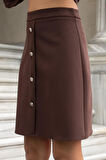 Kadın Yüksek Bel Önü Düğmeli Diz Boy Hafif Esnek Kumaş Çan Etek-Kahve 