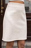 Kadın Kalın Esnek Kumaş Yüksek Bel Diz Üstü Çan Etek-Krem