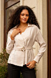 Kadın İpeksi Dokulu Likrasız Modal Kumaş Yakalı Anvelop Kemerli Şık Bluz-Bej