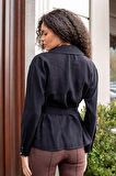 Kadın İpeksi Dokulu Likrasız Modal Kumaş Yakalı Anvelop Kemerli Şık Bluz-Siyah
