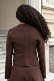 Kadın Hafif Esnek Kumaş Geniş Sıfır Yaka Cep Kapaklı Uzun Kol Dar Kesim Hafif Kısa Blazer Ceket-Kahve 
