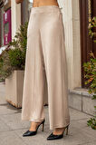 Kadın Süet Dokulu Kumaş Yüksek Bel Yan Cepli Beli Lastikli Bol Paça Palazzo Pantolon-Bej 