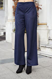 Kadın Süet Dokulu Kumaş Yüksek Bel Yan Cepli Beli Lastikli Bol Paça Palazzo Pantolon-Lacivert 