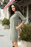Kadın Baharlık Esnek Modal Kumaş Yakalı Patlı Kapri Truvakar Kol Elbise-Haki
