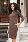 Kadın Baharlık Esnek Modal Kumaş Yakalı Patlı Kapri Truvakar Kol Elbise-Kahve