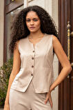 Kadın Süet Dokulu Kumaş Geniş Sıfır Yakalı Flato Cepli Yelek-Bej 