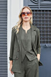 Kadın Süet Dokulu Kumaş Yakalı Capri Kol Cep Kapaklı Blazer Ceket-Haki 