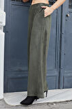 Kadın Süet Dokulu Kumaş Yüksek Bel Yan Cepli Beli Lastikli Bol Paça Palazzo Pantolon-Haki 