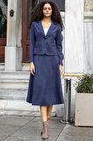 Hafif Likralı Süet Kumaş Flato Cepli Uzun Kol Kısa Blazer Ceket-Lacivert 