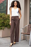 Yüksek Bel Yan Cepli Bol Paça Hafif Esnek Dokuma Kumaş Palazzo Pantolon-Kahve 