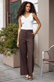Yüksek Bel Yan Cepli Bol Paça Hafif Esnek Dokuma Kumaş Palazzo Pantolon-Kahve 