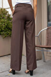 Yüksek Bel Yan Cepli Bol Paça Hafif Esnek Dokuma Kumaş Palazzo Pantolon-Kahve 