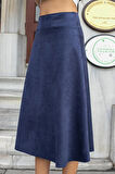 Hafif Likralı Süet Kumaş Yüksek Bel Kiloş Uzun Etek-Lacivert 