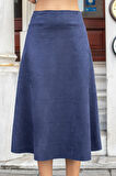 Hafif Likralı Süet Kumaş Yüksek Bel Kiloş Uzun Etek-Lacivert 