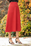 Kadın Yüksek Bel Cepli Şık Kumaş Midi Boy Diz Altı Kiloş Çan Etek-Kırmızı