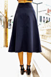 Kadın Yüksek Bel Cepli Şık Kumaş Midi Boy Diz Altı Kiloş Çan Etek-Lacivert