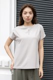 Kadın İpeksi Yumuşak Kumaş Geniş Sıfır Yaka Önü Pencereli Yanları Yırtmaçlı Tshirt Bluz-Taş