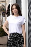 Kadın İpeksi Kumaş Geniş Sıfır Yaka Kısa Kol Tshirt Bluz-Beyaz