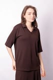 Kadın Yumşak Dokulu Esnek Kumaş V Yaka Yakalı Düşük Omuzlu Dirsek Boy Kollu Oversize Bluz-Kahve