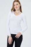 V Yaka Uzun Kol Pamuklu Likralı Body-Beyaz 