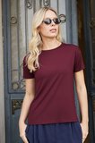 Kadın Sıfır Yaka Kırışmaz Span Karışımlı Şık Kısa Kol Likralı T-shirt Bluz-Bordo 
