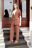 Kadın Likrasız Keten Görünümlü Kumaş Yakalı Flato Cepli Kısa Kol Blazer Ceket-Kahve