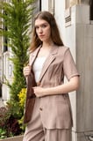 Kadın Likrasız Keten Görünümlü Kumaş Yakalı Flato Cepli Kısa Kol Blazer Ceket-Vizon