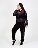 Desenli Büyük Beden Kadife Mor Eşofman Takımı