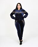 Uzun Kollu Desenli Büyük Beden Kadife Lacivert Eşofman Takımı