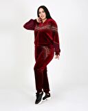 Uzun Kollu Desenli Büyük Beden Kadife Bordo Eşofman Takımı
