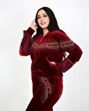 Uzun Kollu Desenli Büyük Beden Kadife Bordo Eşofman Takımı