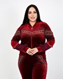 Uzun Kollu Desenli Büyük Beden Kadife Bordo Eşofman Takımı