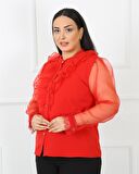 Kolları Tül Dantel Detaylı Jessica Kumaş  Kırmızı Bluz