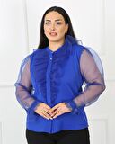 Kolları Tül Dantel Detaylı Jessica Kumaş Saks Mavi Bluz