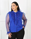 Kolları Tül Dantel Detaylı Jessica Kumaş Saks Mavi Bluz