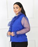 Kolları Tül Dantel Detaylı Jessica Kumaş Saks Mavi Bluz