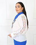 Uzun Kollu Krep Bluz Double Kumaş Pantolon Mavi İkili Takım 