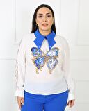 Uzun Kollu Krep Bluz Double Kumaş Pantolon Mavi İkili Takım 