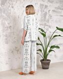 Kadın Takım Keten Kimono Etnik Desenli Pantolon Beli Lastikli Cepsiz Düz Paça