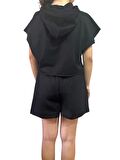 Kadın Takım İki İplik Pamuklu Siyah Kapşonlu Kolsuz Tişört-Şort Beli Lastikli  Bağcıklı İki Cepli