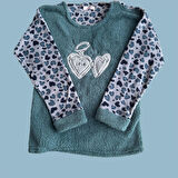 Kadın  Polar Peluş Pijama Takımı Sweat-Eşofmanalt Kalp Love Büyük Beden