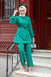Dikiş Detaylı Tesettür Yeşil Takım 
